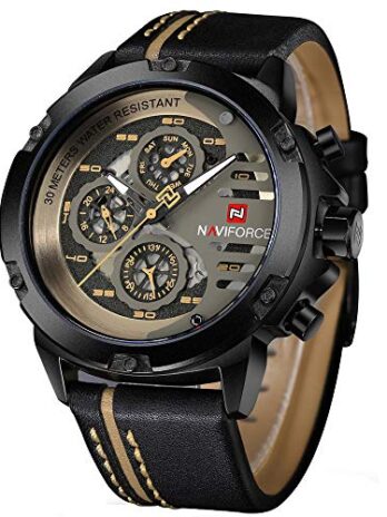 メンズスポーツファッションカジュアル腕時計防水Military LuxuryクオーツアナログDate時計腕時計with Genuineレザーバンド black+yellow+brown