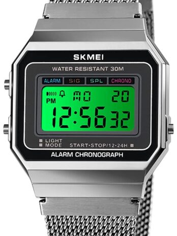 Gosasa クラシック ユニ レディース メンズ デジタル 多機能 スポーツウォッチ ステンレススチール バンド スクエア 防水 電子 LED 腕時計, シルバー。, M, デジタル。