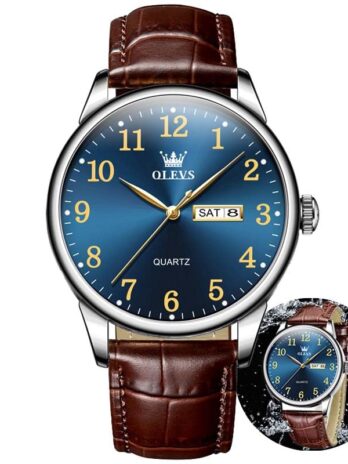 OLEVS メンズウォッチ ファッション クラシック ラグジュアリー ドレスウォッチ ステンレススチールストラップとレザーバンド オプション, ブラウンレザーブルーフェイス, round, アラビア数字の腕時計。