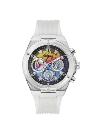 GUESS ポリウレタン ポセイドンコレクション 多機能 メンズ アナログ マルチカラー ダイヤル カラークォーツ ウォッチ ラウンドダイヤル ケース幅 46mm – Gw0425G4、ホワイトバンド, クリア/シルバートーン/レインボー, モダン