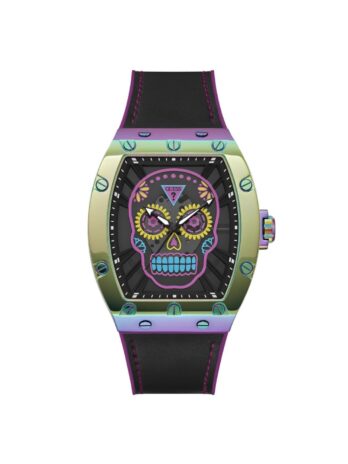 GUESS メンズ 43mm 腕時計 – マルチカラーストラップ ブラックダイヤル 玉虫色ケース, マルチカラー, one, クラシック
