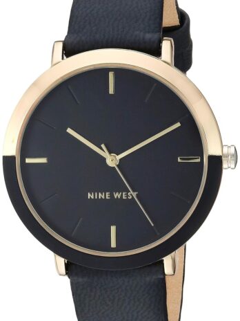 Nine West レディースストラップウォッチ, ブラック/ゴールド, クォーツムーブメント。