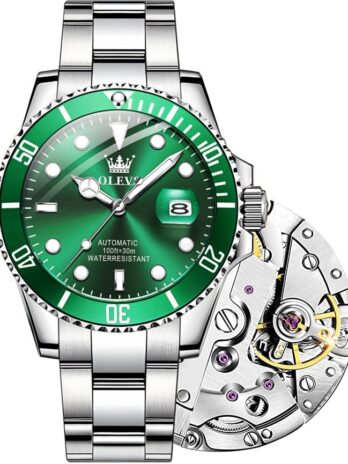 OLEVS 自動機械式自動巻き腕時計 メンズ ラグジュアリー ステンレススチール 防水 夜光カレンダー メンズウォッチ 電池なし, シルバーグリーン。, Men, 機械式