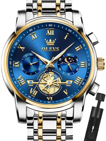 OLEVS メンズ腕時計 クロノグラフ ビジネス ドレス クォーツ ステンレススチール 防水 発光 日付 腕時計, ブルーフェイス腕時計。, クォーツ時計、クロノグラフ。