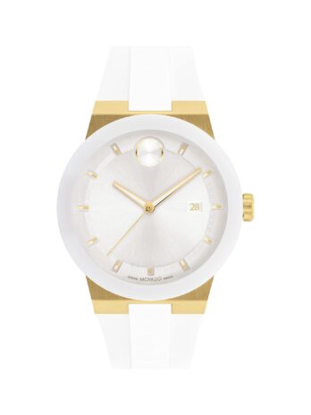 Movado メンズ ボールド フュージョン ペールゴールド イオンメッキ ステンレススチールケース ホワイトシリコンストラップ付き ホワイト (モデル:3600899), ホワイト, クォーツ腕時計。