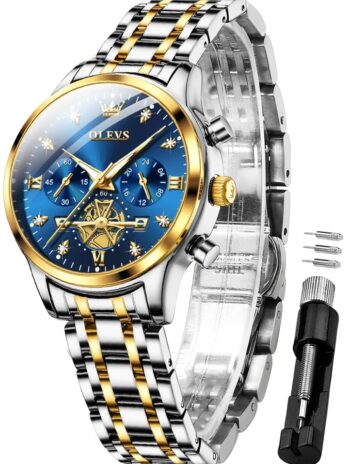 OLEVS レディース腕時計 クロノグラフ ラグジュアリー ダイヤモンド ドレス クォーツ 腕時計 ステンレススチール 防水 発光, 2897:ツートンカラーのバンドとブルーの文字盤。, L