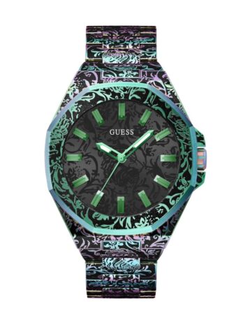 GUESS メンズ 46mm アナログ腕時計 – 玉虫色のブレスレット、ブラックダイヤル、玉虫色のケース、マルチカラーバンド, 玉虫色, モダン