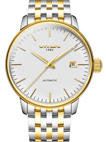 ラグジュアリーメンズ自動機械腕時計ファッションアナログ時計カレンダー防水ステンレススチールBusiness Watch for Men Bestギフト Steel Band-Gold White