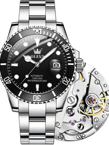 【アップグレード】OLEVS メンズ自動腕時計 クラシック ビジネス ビッグフェイス 自動巻き 機械式腕時計 日付機能付き 高級単方向回転ベゼル 防水 大型発光ポインターウォッチ メンズ ゴールドシルバーバンド, シルバーブラック, Men, 自動巻き時計、機械式。