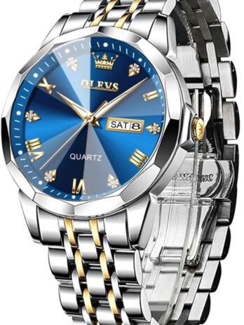 OLEVS クラシックメンズウォッチ カジュアルステンレススチールクォーツウォッチ 日付防水 ブルー/ブラック/シルバーフェイスウォッチ 男性用