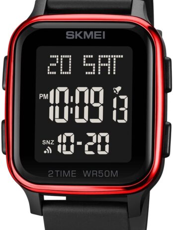 クラシック ユニ レディース メンズ デジタル 多機能 スポーツウォッチ ステンレススチール バンド スクエア 防水 電子 LED ウォッチ, レッド, デジタル。