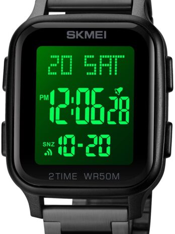 クラシック ユニ レディース メンズ デジタル 多機能 スポーツウォッチ ステンレススチール バンド スクエア 防水 電子 LED ウォッチ, スチール – ブラック。, クラシック