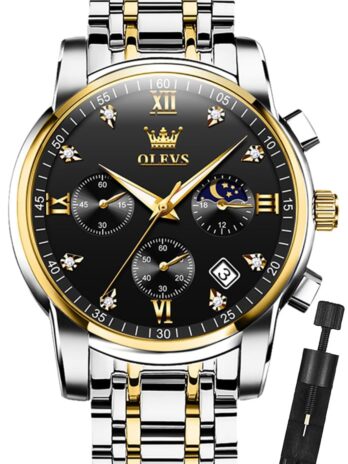 OLEVS メンズ腕時計 クロノグラフ ビジネス ドレス クォーツ ステンレススチール 防水 発光 日付 腕時計, ツートーンブラック。