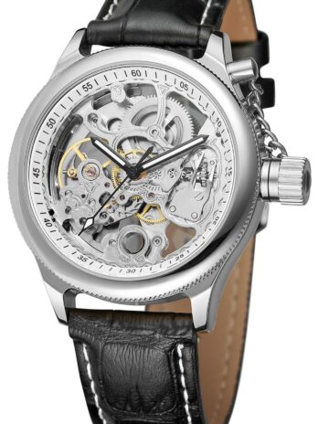 ユニーク メンズ 自動巻き 腕時計 透明 文字盤 ホロースケルトン シルバートーン メッシュバンド Black Band Silver
