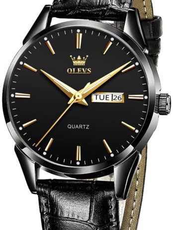 OLEVS メンズ 腕時計 ブルーダイヤル ブラウンレザー 薄型 ビッグフェイス アナログクォーツ カレンダー 日付 防水 発光 メンズ ラグジュアリー カジュアル ブラックバンド&ブラックダイヤル。