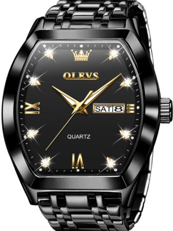 OLEVS ゴールドウォッチ メンズ デザイン ダイヤモンド スクエア トノ ステンレススチール 防水 発光 ユニーク ラグジュアリー ビジネス 日 日付 腕時計 メンズ, 男性用ブラック腕時計。, ファッション。