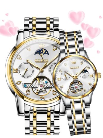 OLEVS カップルウォッチ 男女兼用 自動巻き 彼と彼女のセットウォッチ 機械式牽引トーン ステンレススチール 防水 夜光日付腕時計, ツートーン&ゴールドホワイト。, バレンタイン。