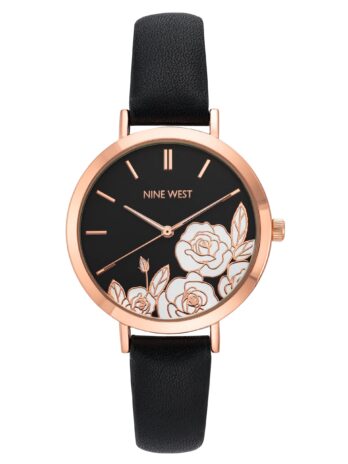 Nine West レディース花柄ダイヤルストラップウォッチ, ブラック, NW/2680FLBK。