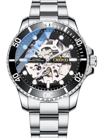 Gosasa ラグジュアリー メンズ 大きな文字盤 ステンレススチール 自動腕時計 スケルトン 機械式腕時計 スチールバンド 防水 自動腕時計, シルバーブラック, 機械式、自動巻き、自動巻き腕時計。