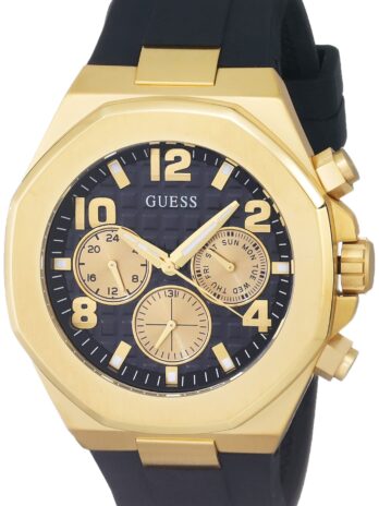 GUESS メンズ 46mm 腕時計 – ブラックストラップ ブラックダイヤル ゴールドトーンケース, ブラック