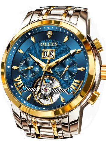 OLEVS メンズ腕時計 自動スケルトン ラグジュアリー 夜光ステンレススチール, ゴールドブルー。, タイマー