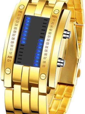 メンズデジタルウォッチ バイナリータイム LED ディスプレイ 50M 防水 合金バンド クリエイティブ スポーツ アーミー 腕時計、ゴールド、ビッグ、デジタル, ゴールド, big, デジタル。