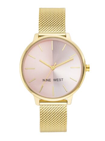 Nine West Women’s NW/1981 Sunray Dial Mesh Bracelet Watch, Gold/Pink, NW/1980PKGB