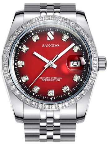 メンズラグジュアリー自動機械腕時計ゴールド腕時計ビジネスステンレスカレンダーウィンドウWater Resistant Silver Red