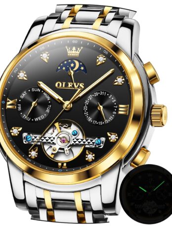 OLEVS 自動腕時計 メンズ ラグジュアリー ドレス ゴールドとシルバー ステンレススチール 防水 メンズ ウォッチ ブルー ブラック ホワイト ダイヤル, ゴールドとシルバーのバンドとブラックの文字盤。, ラグジュアリー。