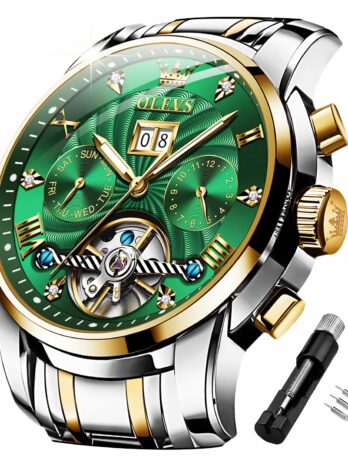 OLEVS 自動機械式メンズウォッチ スケルトン トゥールビヨン 自動巻き ラグジュアリー ドレス ステンレススチール 腕時計 防水 夜光ムーンフェイズ, ツートーンストラップとグリーンフェイス。