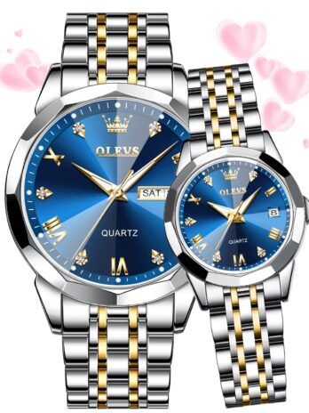 OLEVS カップルセット 腕時計 ビジネス アナログ クォーツ メンズ レディース 腕時計 ステンレススチール 防水 発光 日付 腕時計, ゴールド&ブルー-カップルウォッチ, エレガントなファッション