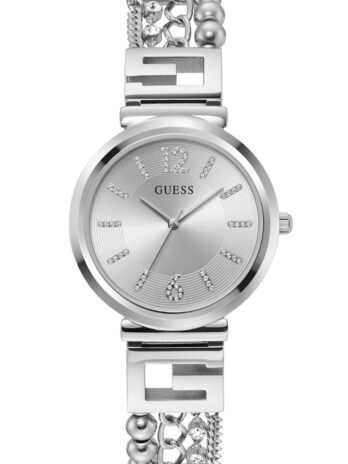 GUESS レディース 32mm 腕時計 – ゴールドトーンブレスレット シャンパンダイヤル ゴールドトーンケース, シルバートーン/シルバートーン/シルバー。, モダン