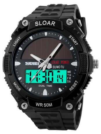 Gosasa ソーラーLEDスポーツ防水腕時計 アウトドアスポーツ 多機能 デジタル表示 カモフラージュウォッチ, ブラック, クロノグラフ、デジタル、クォーツムーブメント。