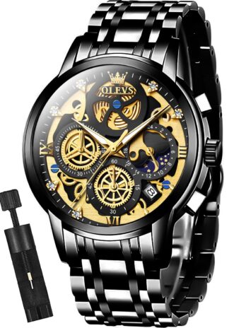 OLEVS メンズウォッチ クロノグラフ ラグジュアリー ダイヤモンド ドレス ビジネス アナログ クォーツ 腕時計 ステンレススチール 防水 夜光ムーンフェイズ, 9947:ブラックバンド&ブラックダイヤル, モダン