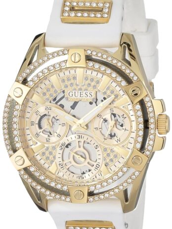 GUESS レディース 40mm 腕時計 – パープルストラップラベンダーダイヤル玉虫色ケース, ホワイト/ゴールドトーン/シャンパン。, クイーン。