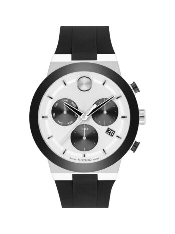 Movado Bold Fusion メンズウォッチ – スイスクォーツクロノグラフムーブメント、シリコンストラップ – 5気圧防水 – 彼のための高級ファッション時計 – 44.50mm, ブラック///ホワイト, クロノグラフ、クォーツムーブメント。