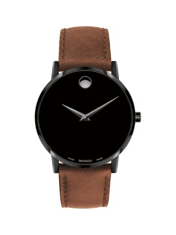 Movado Men’s Museum Classic 40mm Brown Leather Band IP Steel Case Quartz Black Dial Analog Watch 0607198
