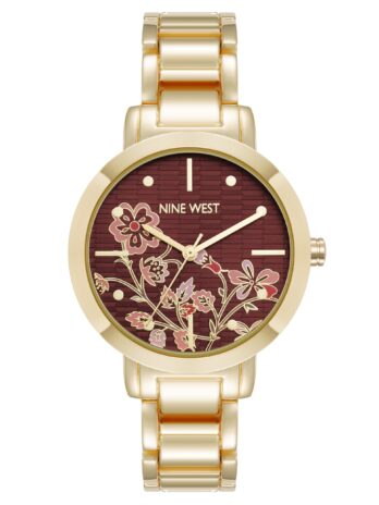 Nine West レディース花柄ダイヤルブレスレットウォッチ, ゴールド
