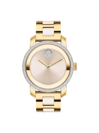 Movado Bold Iconic レディースウォッチ – スイスクォーツ 2Hムーブメント、ステンレススチールセラミックセンターリンクブレスレット – 3気圧防水 – 輝くクリスタルディテール – 36mm, ゴールド
