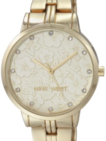Nine West レディース本物のクリスタルアクセントフローラルダイヤルブレスレットウォッチ, ゴールド, コンテンポラリー