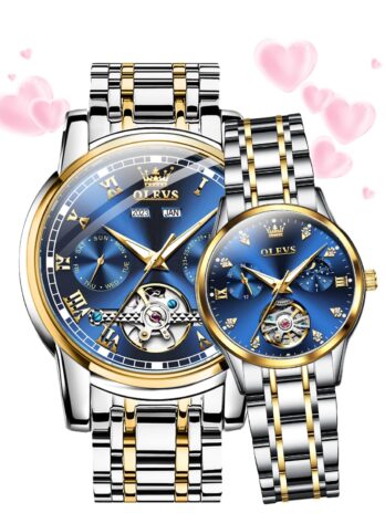 OLEVS カップルウォッチ 男女兼用 自動巻き 彼と彼女のセットウォッチ 機械式牽引トーン ステンレススチール 防水 夜光日付腕時計, ツートーン&ゴールドブルー。, バレンタイン。