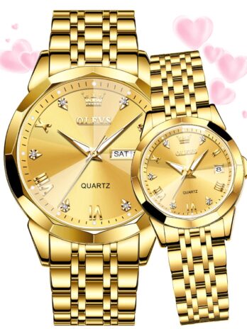 OLEVS カップルウォッチ 彼と彼女のセット 腕時計 ビジネス アナログ クォーツ メンズ レディース 腕時計 ステンレススチール 防水 発光 日付 腕時計, ゴールド, エレガントなファッション