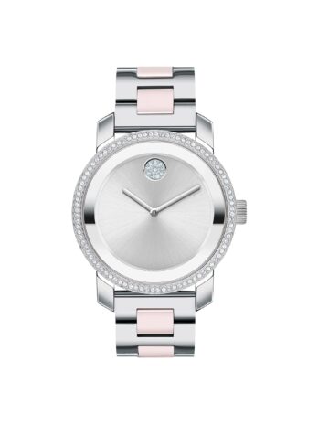 Movado Bold Iconic レディースウォッチ – スイスクォーツ 2Hムーブメント、ステンレススチールセラミックセンターリンクブレスレット – 3気圧防水 – 輝くクリスタルディテール – 36mm, シルバーブラッシュ。, ブレスレット