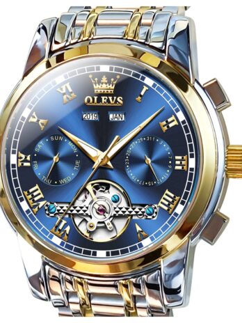 OLEVS 自動巻き腕時計 メンズ 自動巻き 機械式 トゥールビヨン ステンレススチール 防水 夜光ラグジュアリー ドレス腕時計, ブルー, 機械式