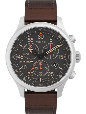Timex メンズ Expedition Field 43mm 腕時計 – ブラウンストラップ ブラックダイヤル ガンメタルケース, ブラウン/ブラック/シルバートーン。, エクスペディションフィールドクロノ 43mm。